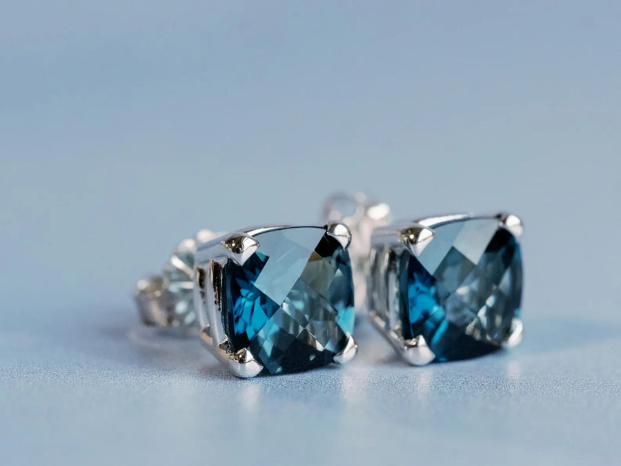 Cushion Cut Natural London Blue Topaz Stud Earrings