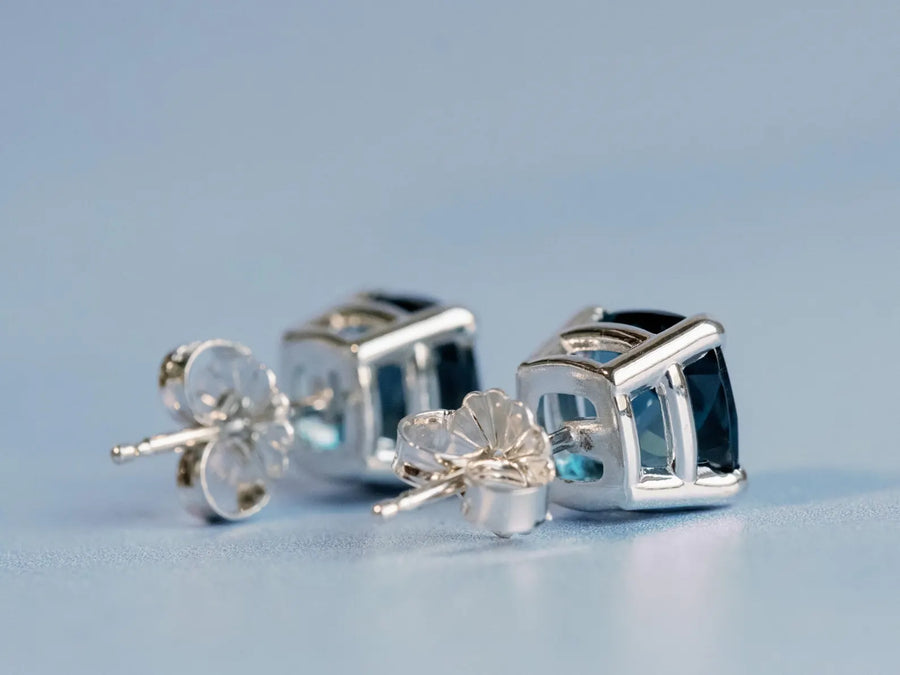 Cushion Cut Natural London Blue Topaz Stud Earrings