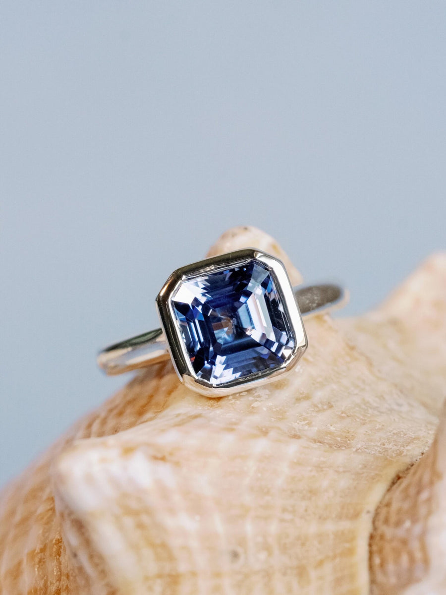 14k Cornflower Blue Asscher Cut 2.00ct Sapphire Bezel Ring