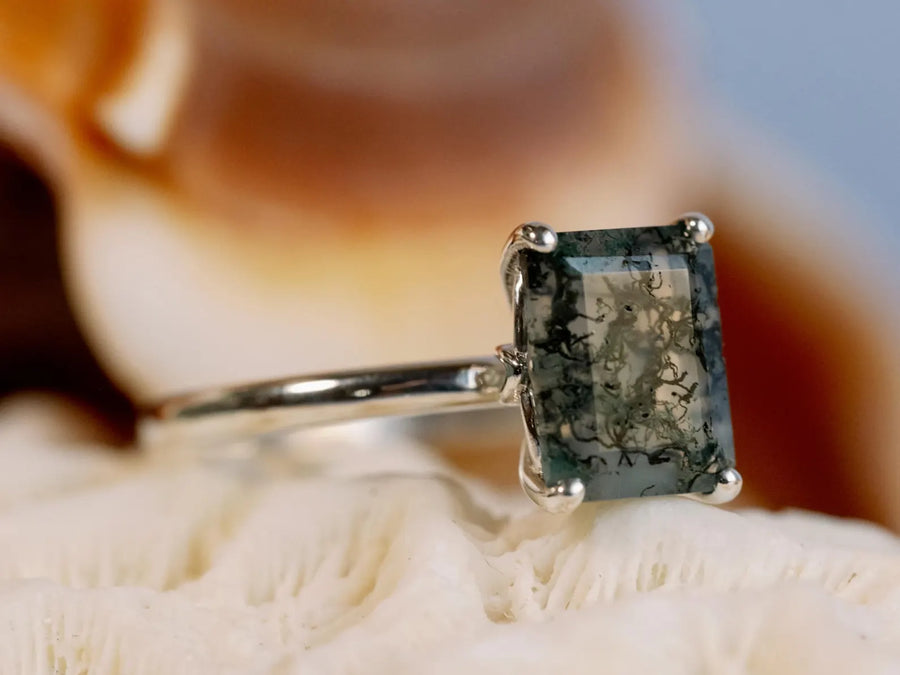 Natural Emerald Cut Moss Agate Natural Inspired Solitaire Ring