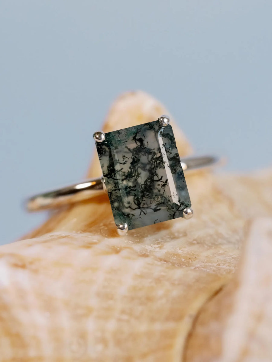 Natural Emerald Cut Moss Agate Natural Inspired Solitaire Ring