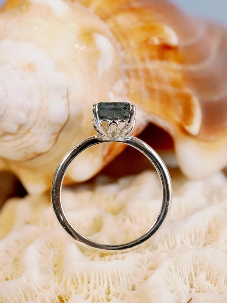 Natural Emerald Cut Moss Agate Natural Inspired Solitaire Ring