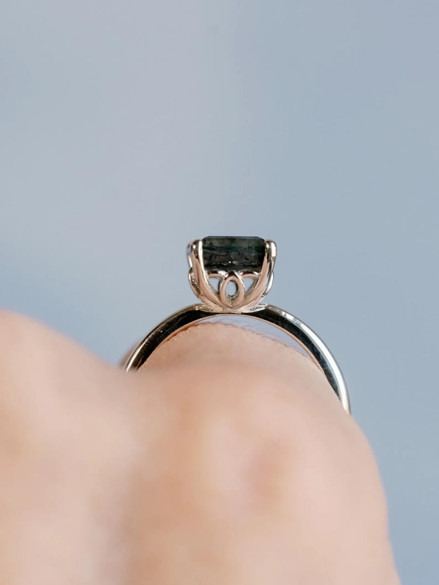 Natural Emerald Cut Moss Agate Natural Inspired Solitaire Ring