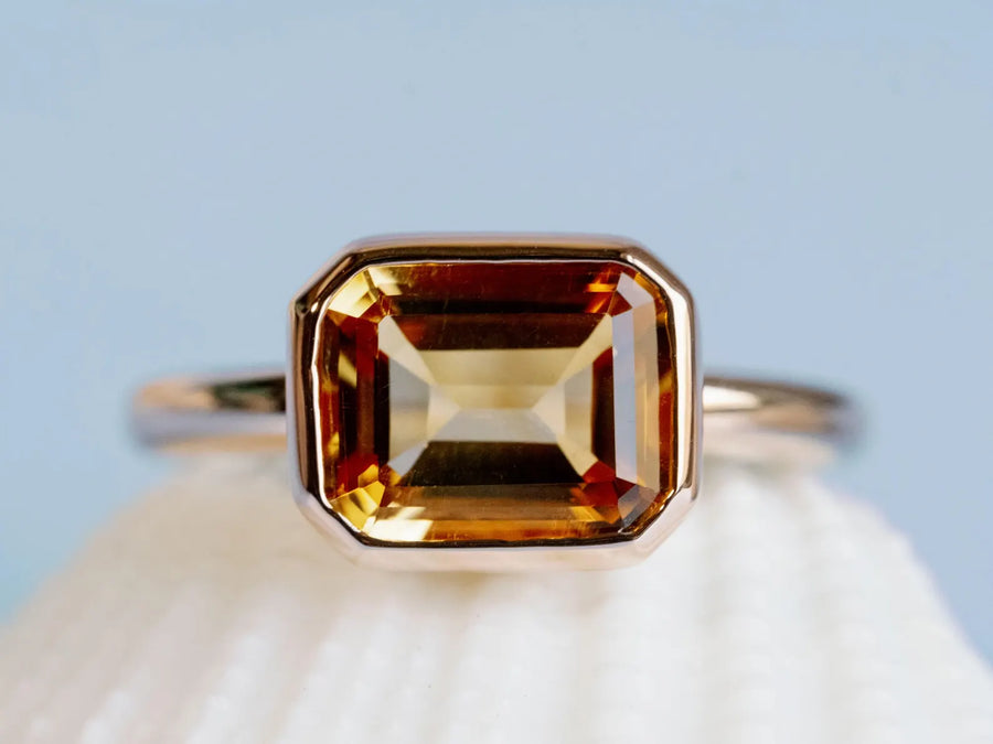 14k Gold Emerald Cut Yellow Citrine Bezel Ring