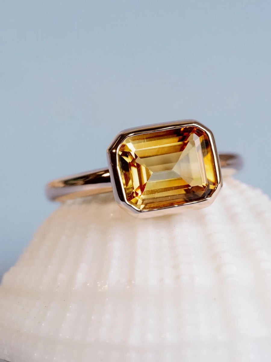 14k Gold Emerald Cut Yellow Citrine Bezel Ring