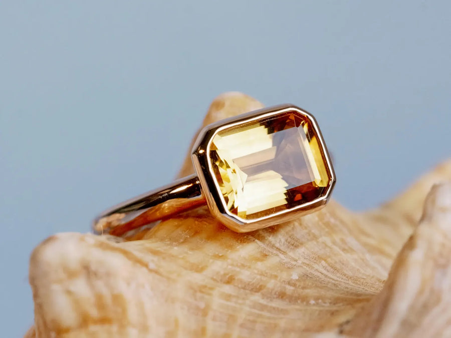 14k Gold Emerald Cut Yellow Citrine Bezel Ring