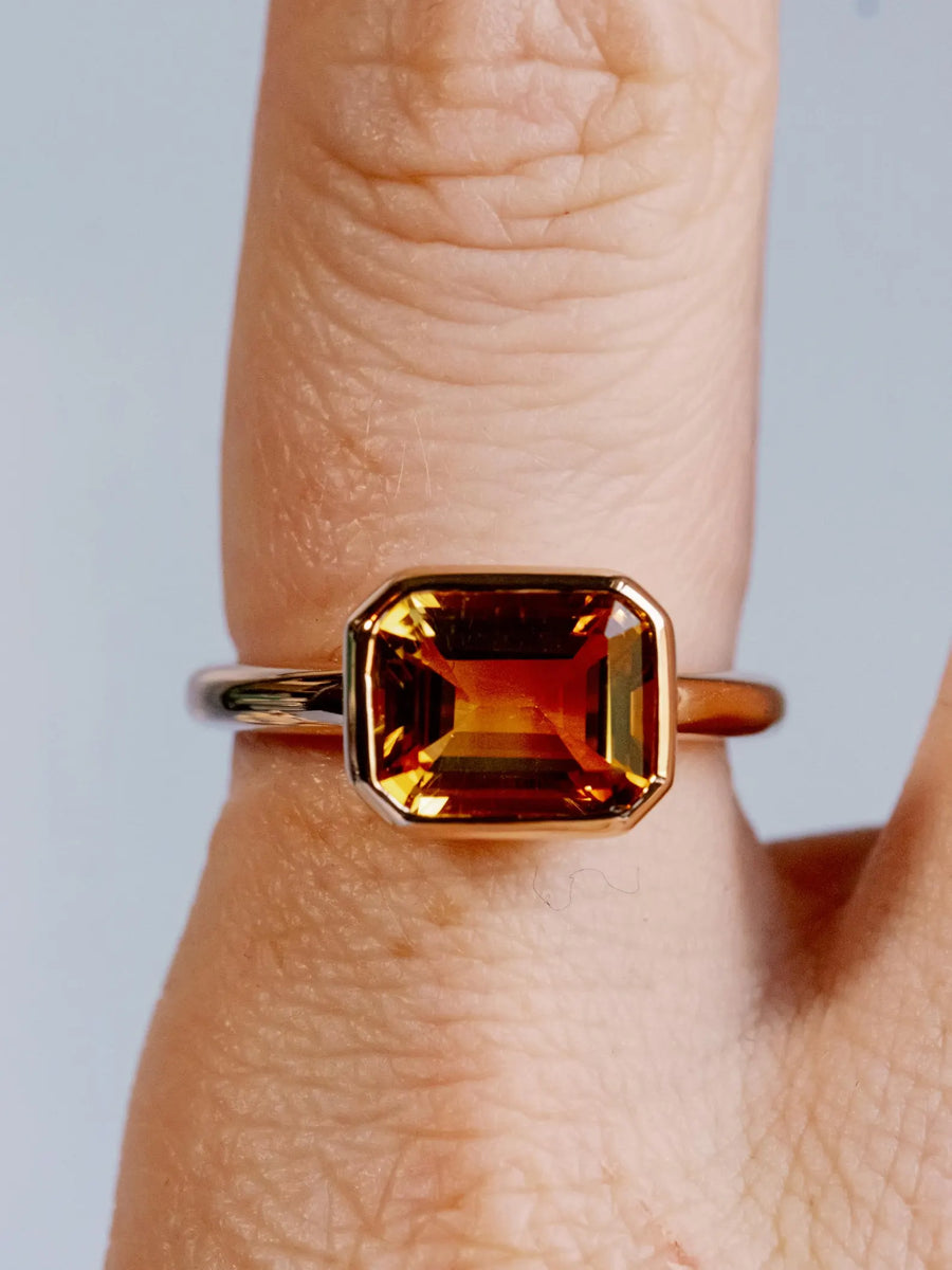 14k Gold Emerald Cut Yellow Citrine Bezel Ring