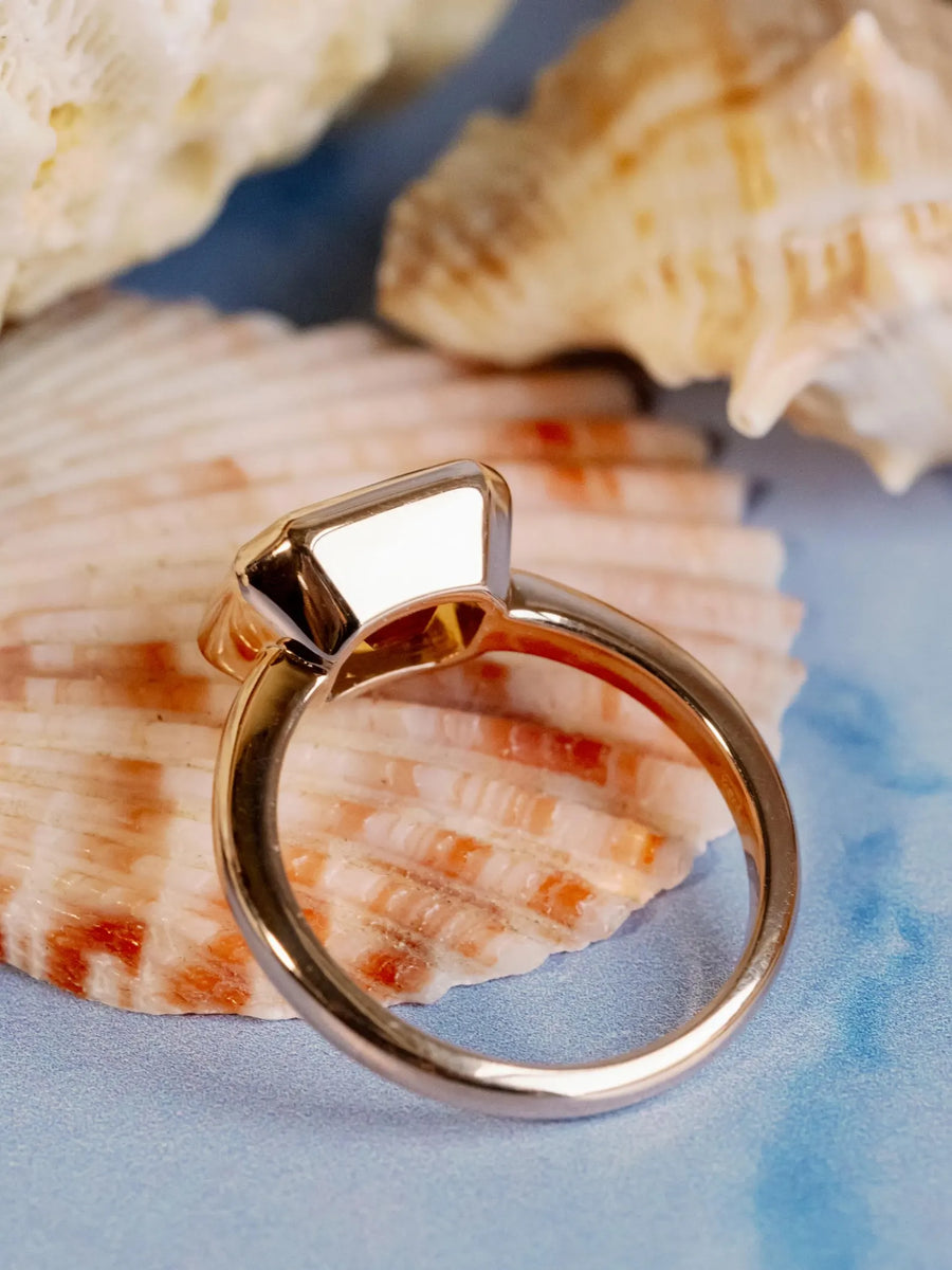 14k Gold Emerald Cut Yellow Citrine Bezel Ring