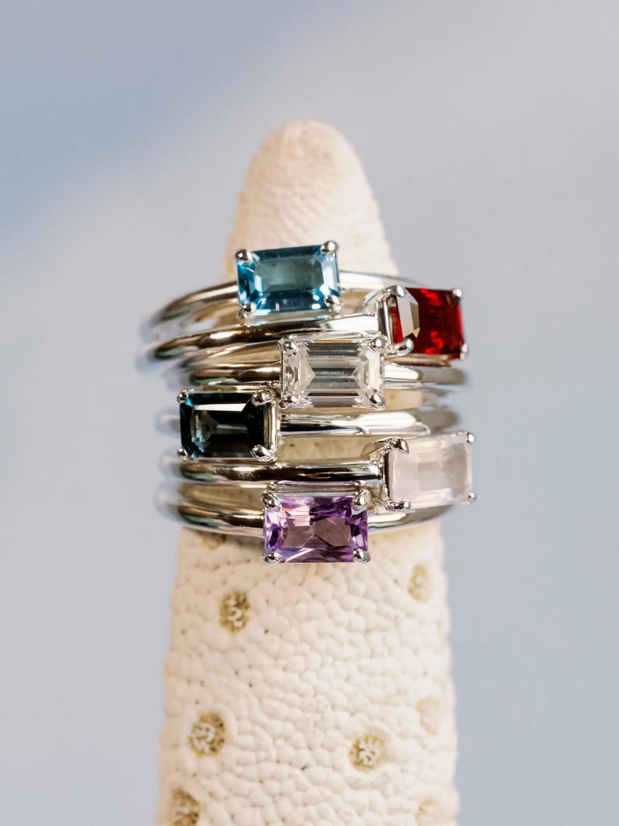 East West Emerald Cut London Blue Topaz Solitaire Setting Stacking Ring