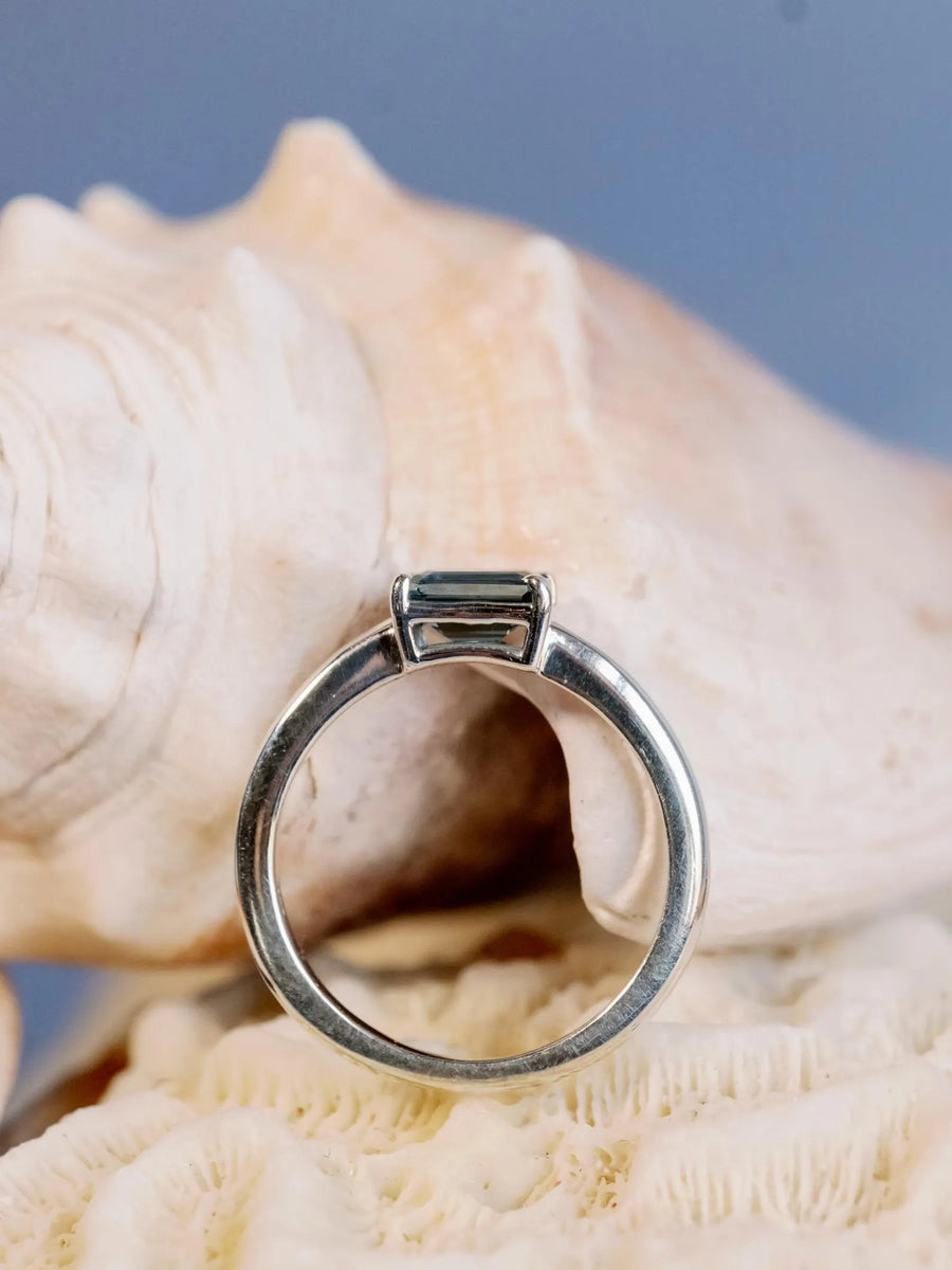 East West Emerald Cut London Blue Topaz Solitaire Setting Stacking Ring