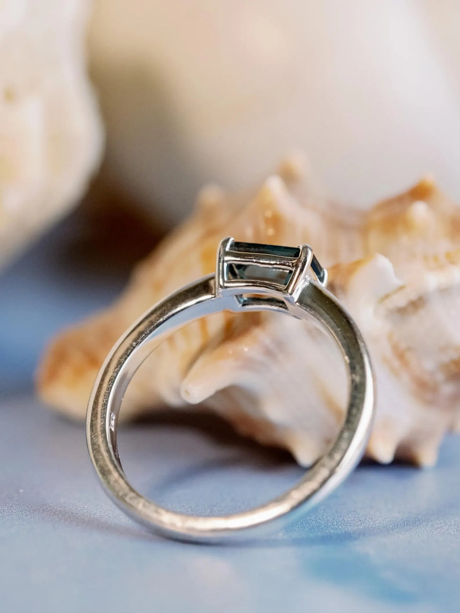 East West Emerald Cut London Blue Topaz Solitaire Setting Stacking Ring