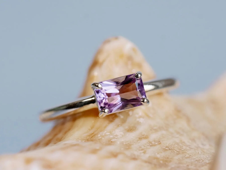 Rose De France Amethyst East West Radiant Cut Solitaire Setting Stacking Ring