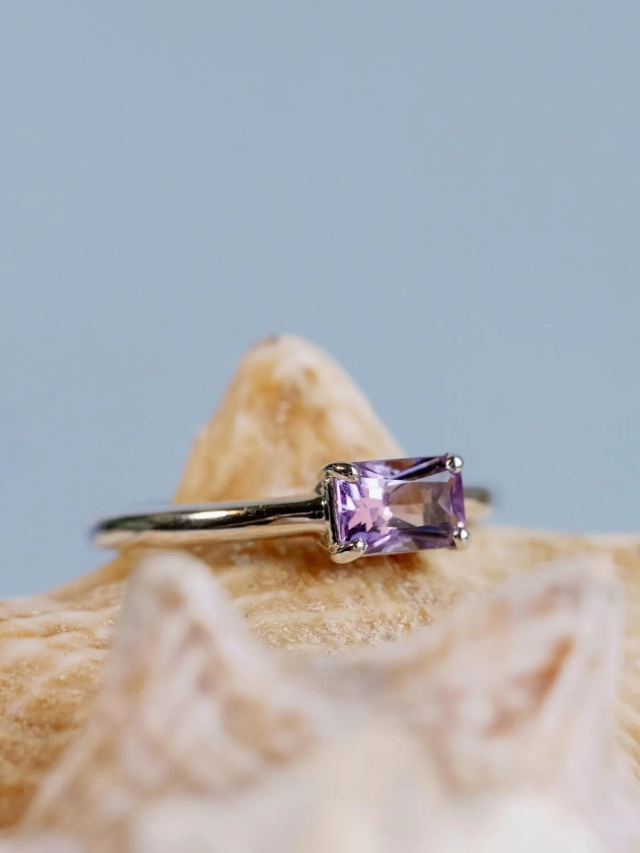 Rose De France Amethyst East West Radiant Cut Solitaire Setting Stacking Ring