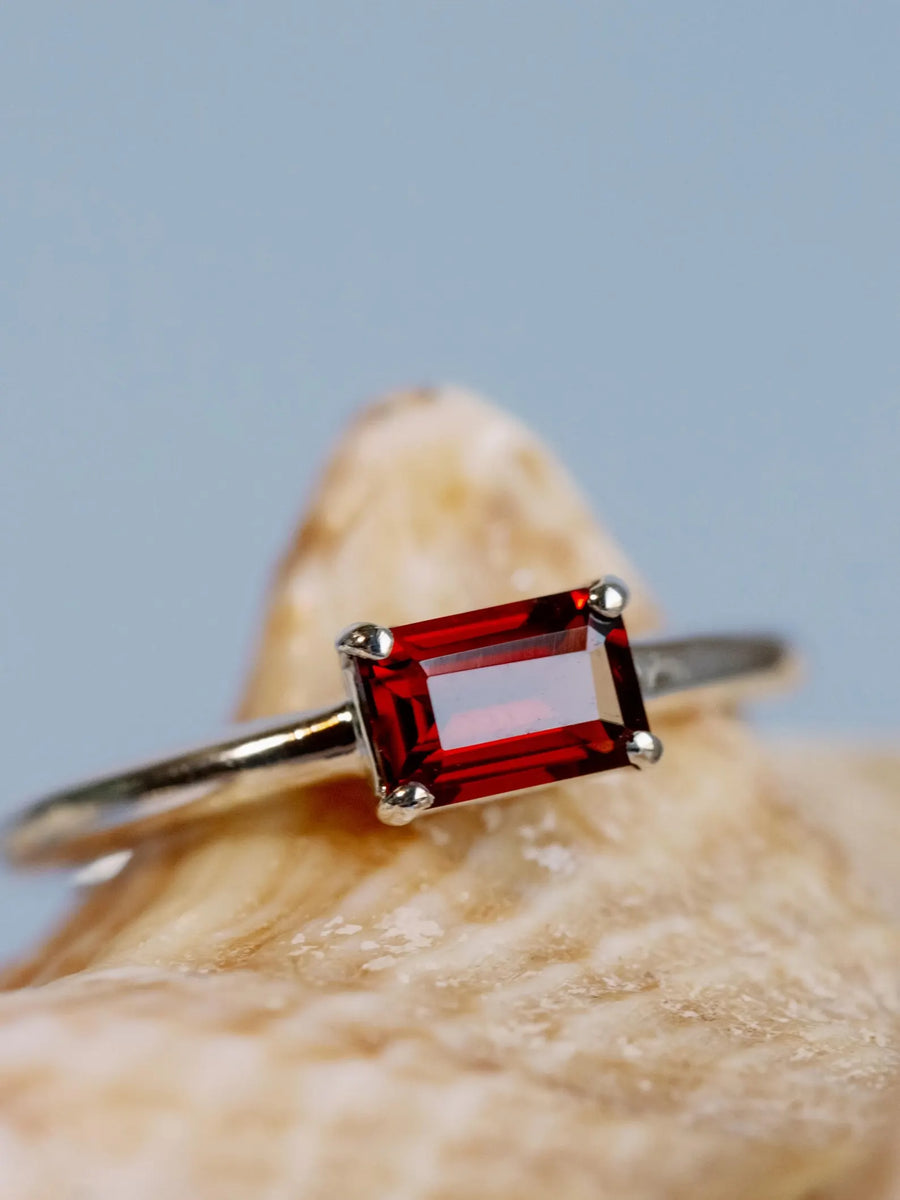 14k Natural Garnet Ring East West Emerald Cut Solitaire Setting Stacking Ring