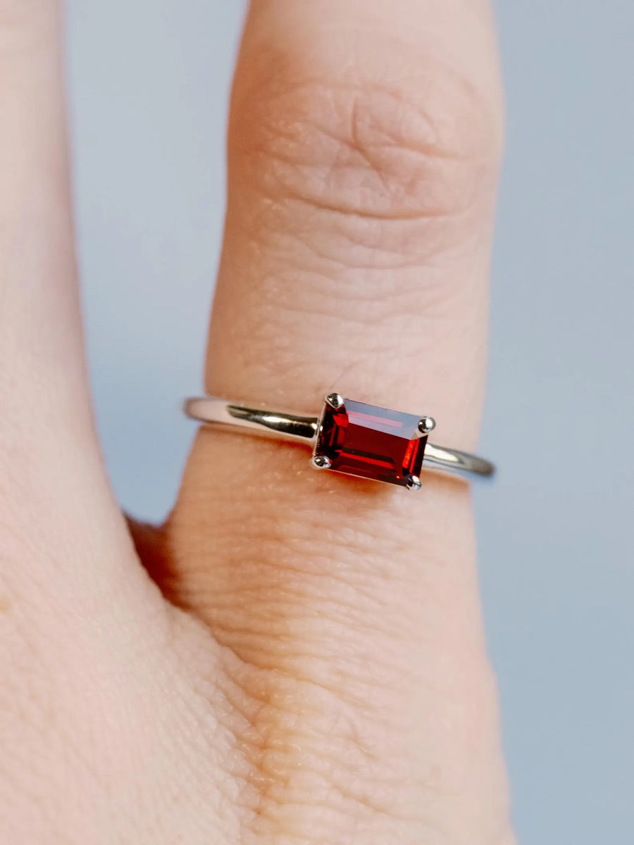 14k Natural Garnet Ring East West Emerald Cut Solitaire Setting Stacking Ring