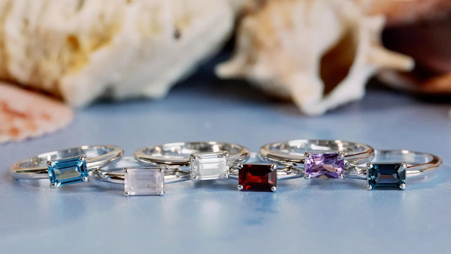 14k Natural Garnet Ring East West Emerald Cut Solitaire Setting Stacking Ring