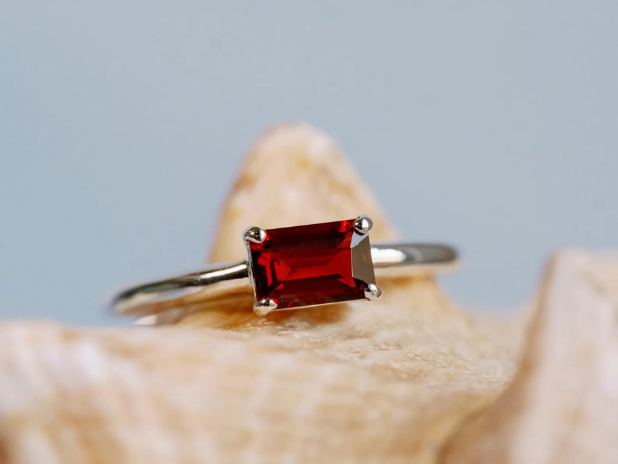 14k Natural Garnet Ring East West Emerald Cut Solitaire Setting Stacking Ring