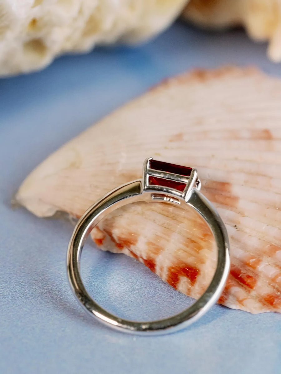 14k Natural Garnet Ring East West Emerald Cut Solitaire Setting Stacking Ring