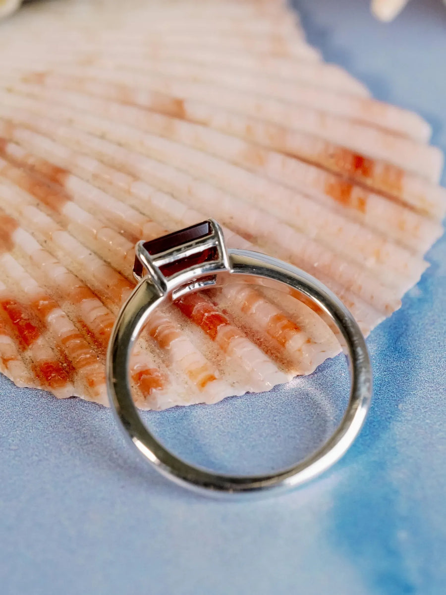 14k Natural Garnet Ring East West Emerald Cut Solitaire Setting Stacking Ring