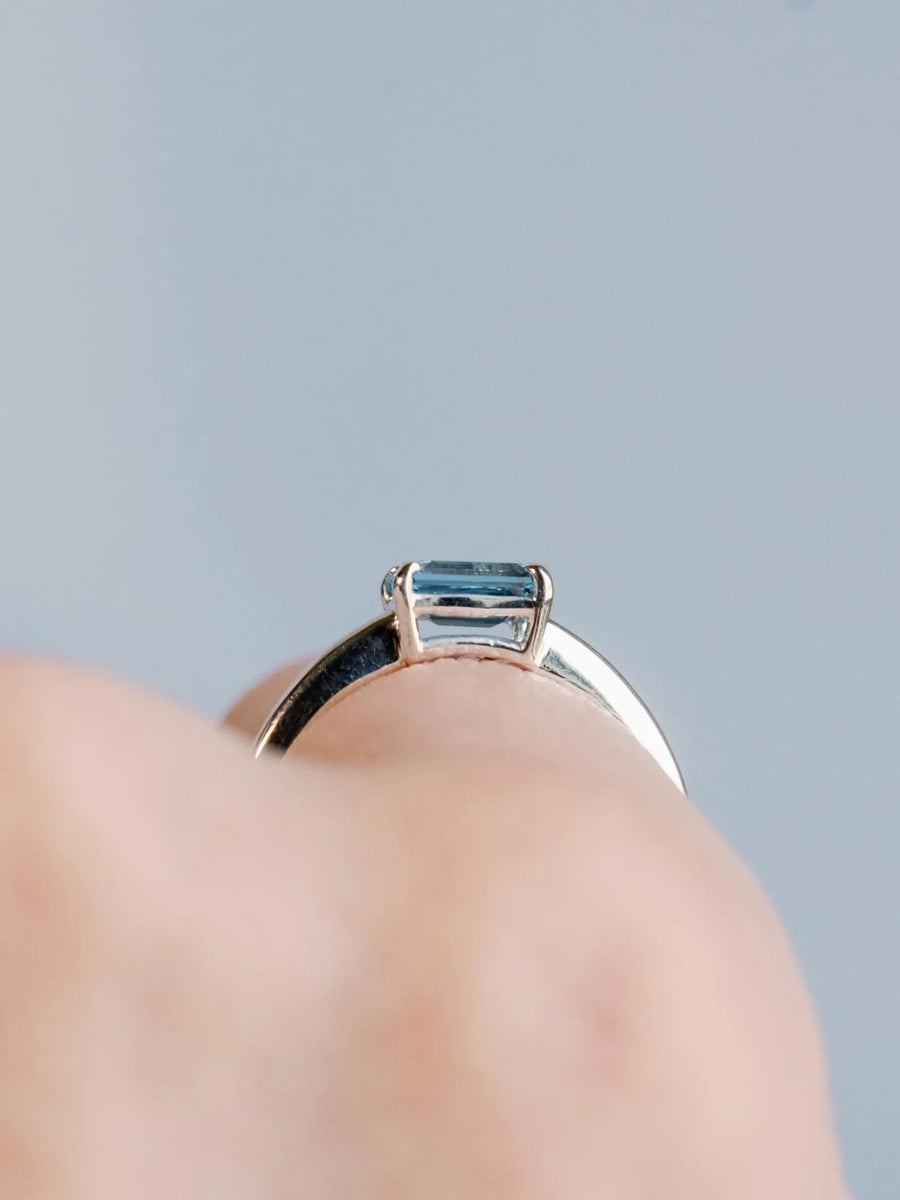East West Emerald Cut Swiss Blue Topaz Solitaire Setting Stacking Ring