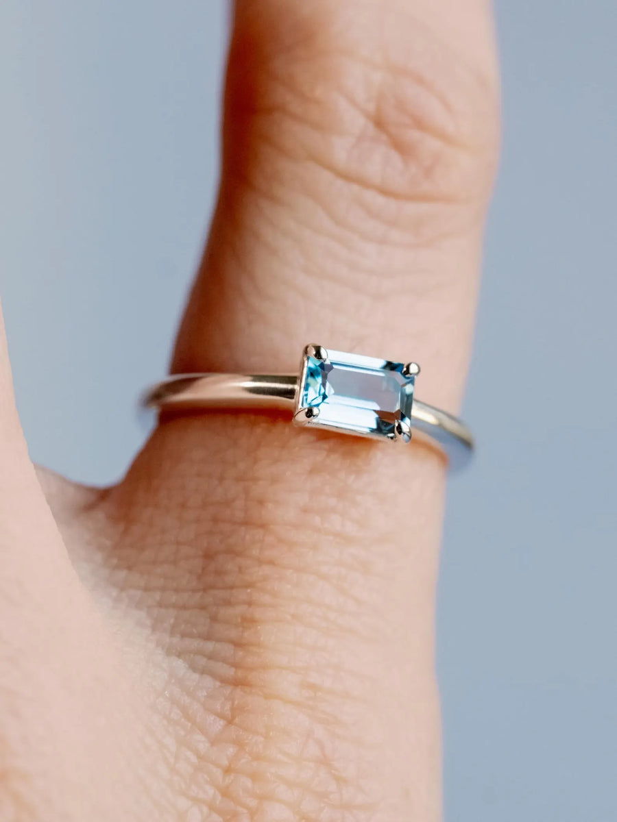 East West Emerald Cut Swiss Blue Topaz Solitaire Setting Stacking Ring