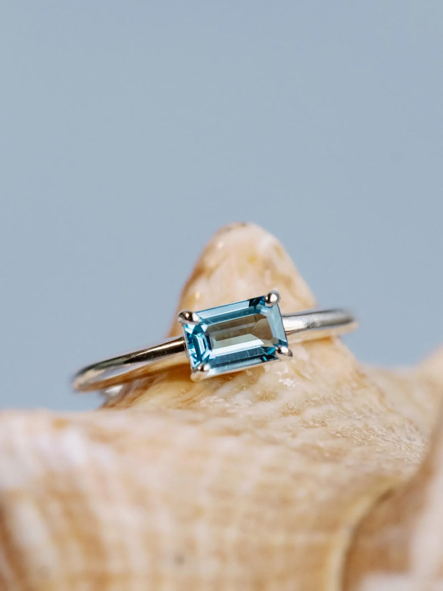 East West Emerald Cut Swiss Blue Topaz Solitaire Setting Stacking Ring