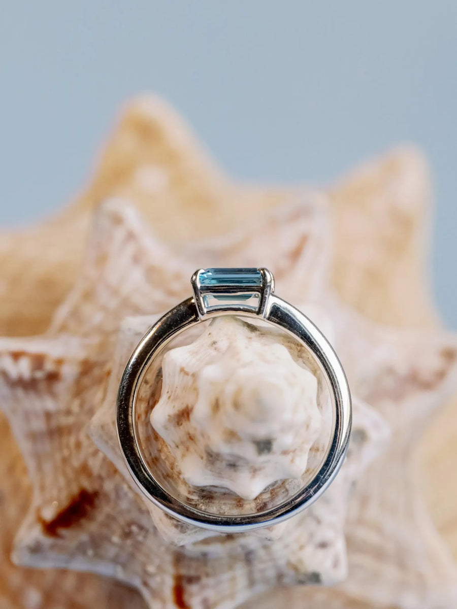 East West Emerald Cut Swiss Blue Topaz Solitaire Setting Stacking Ring