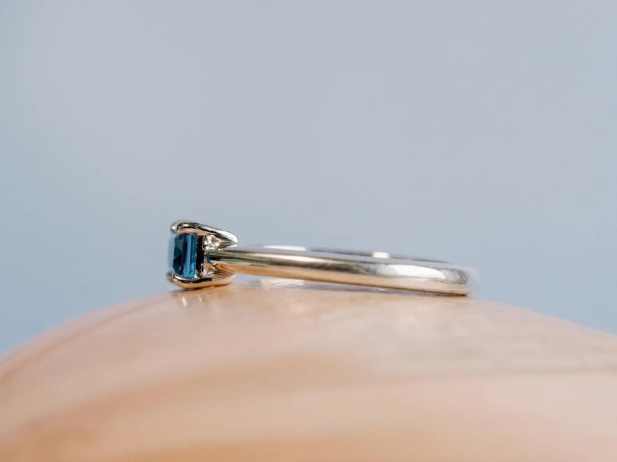 East West Emerald Cut Swiss Blue Topaz Solitaire Setting Stacking Ring