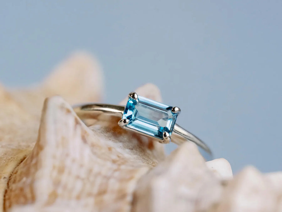 East West Emerald Cut Swiss Blue Topaz Solitaire Setting Stacking Ring