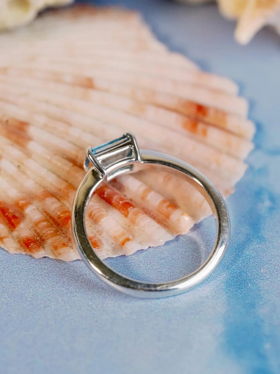 East West Emerald Cut Swiss Blue Topaz Solitaire Setting Stacking Ring