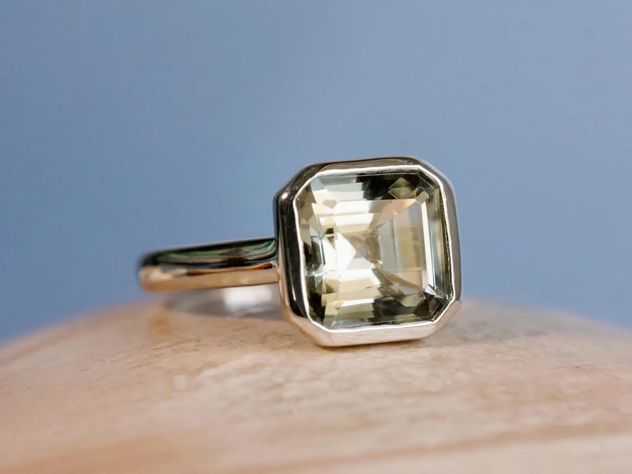 Asscher Cut 2.00ct Prasiolite Green Amethyst Bezel Ring