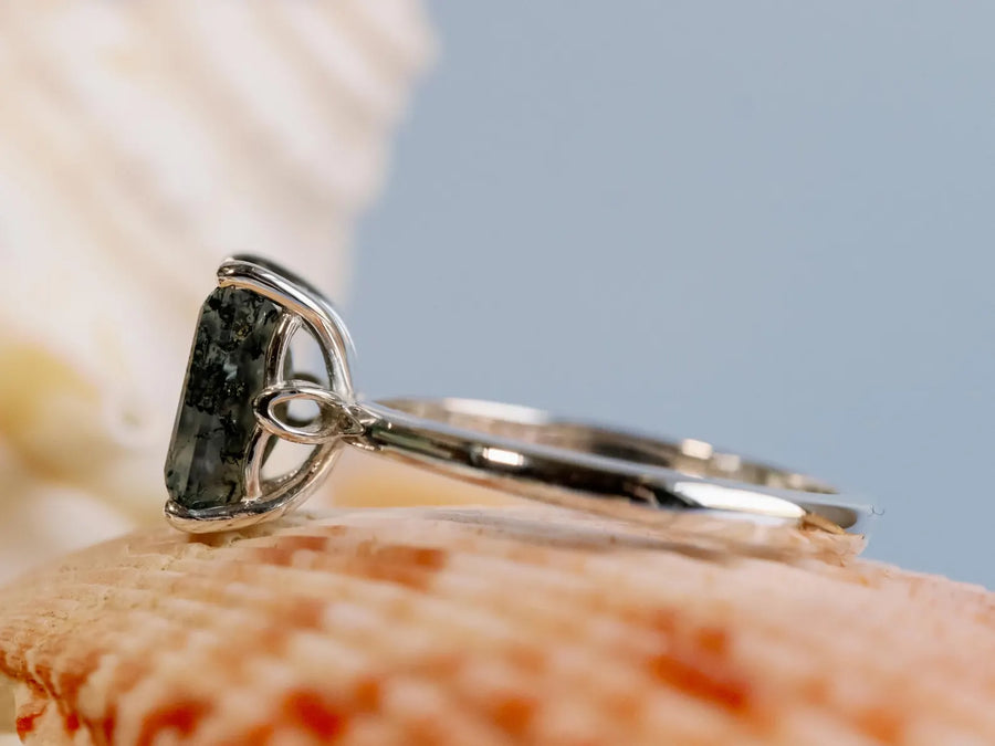 Natural Emerald Cut Moss Agate Natural Inspired Solitaire Ring