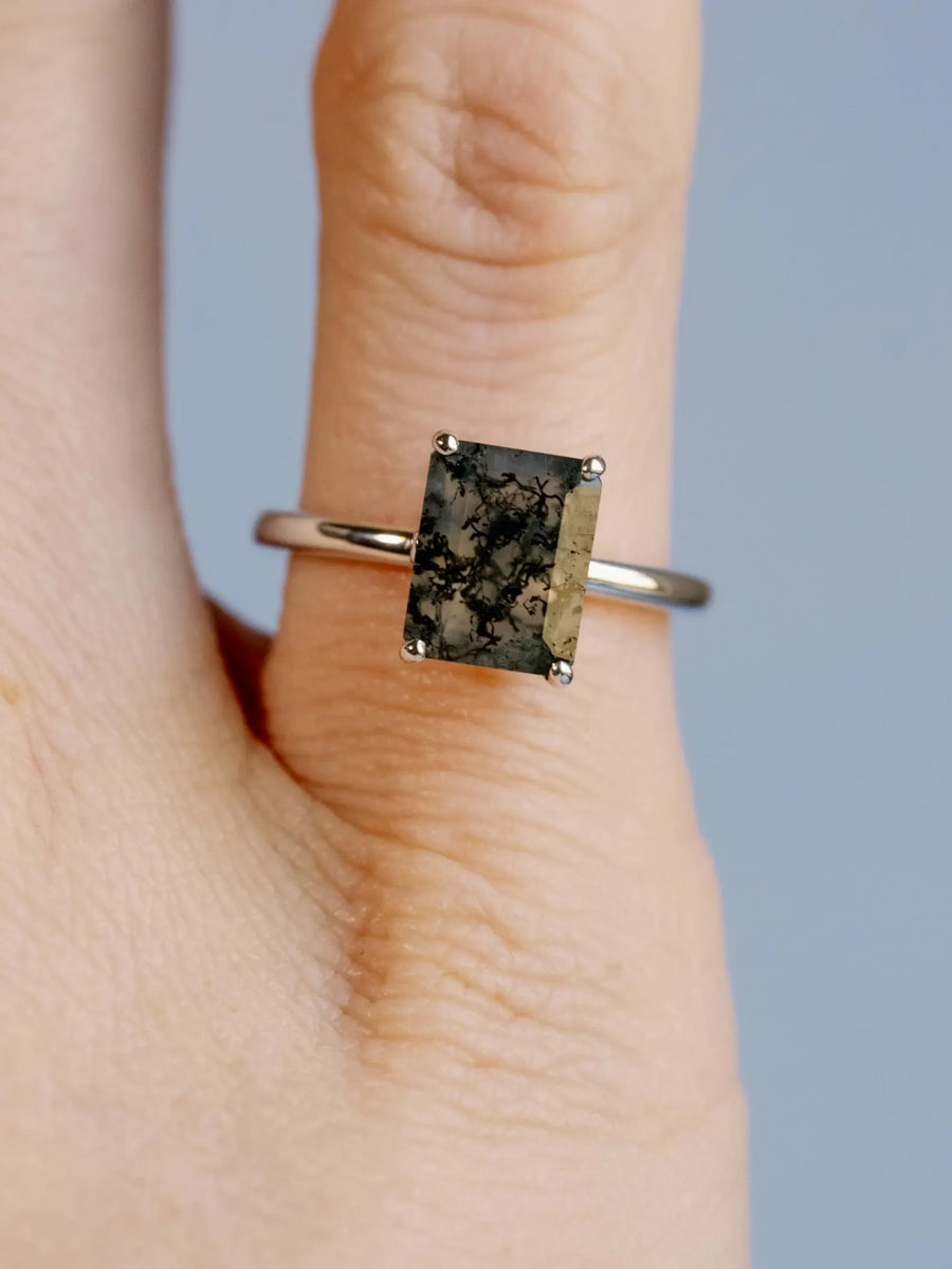 Natural Emerald Cut Moss Agate Natural Inspired Solitaire Ring