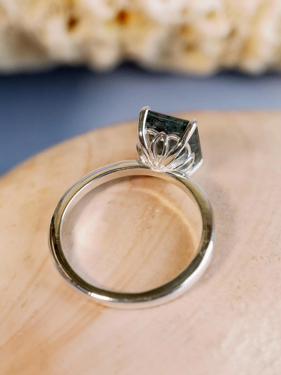 Natural Emerald Cut Moss Agate Natural Inspired Solitaire Ring