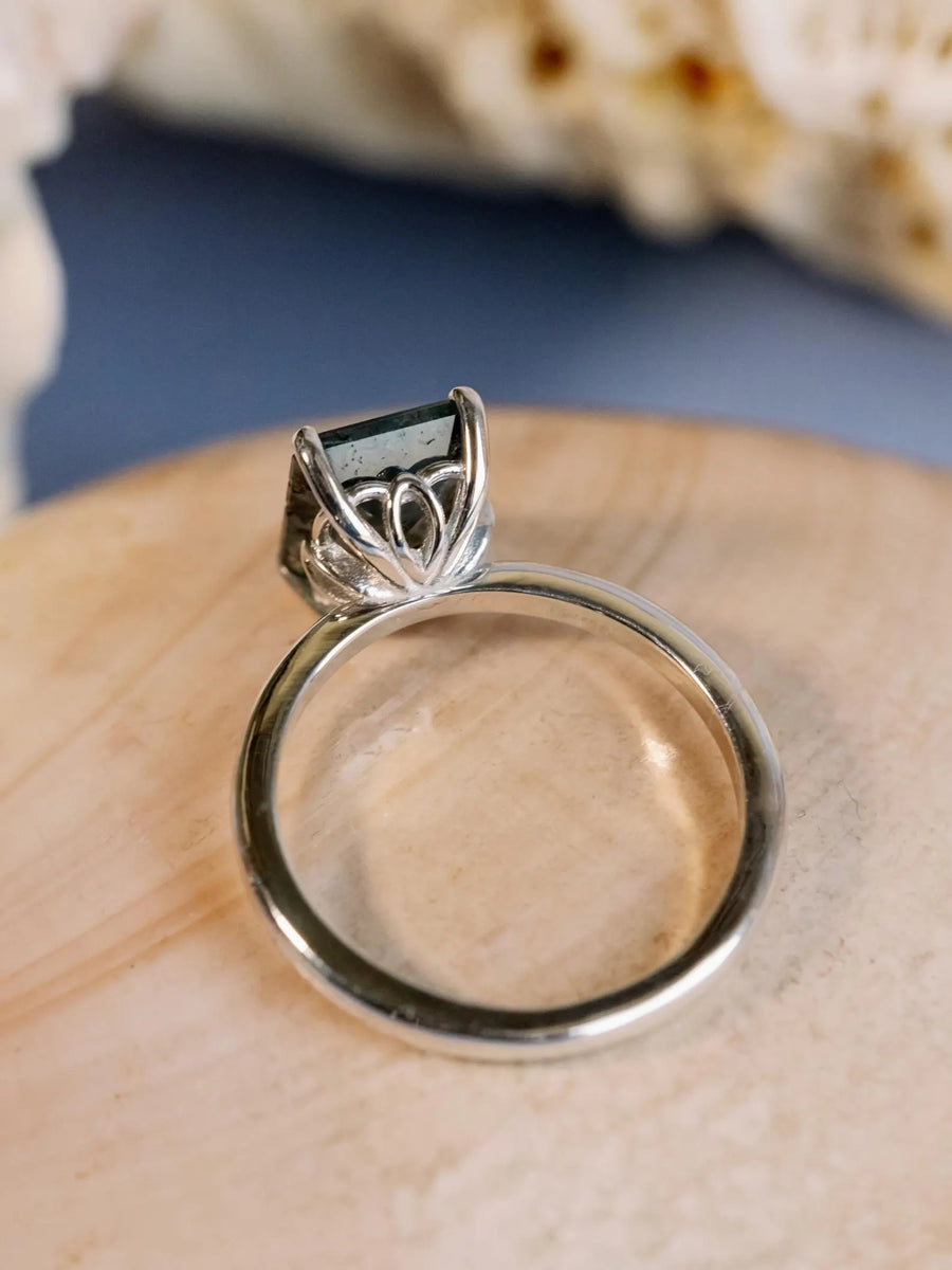Natural Emerald Cut Moss Agate Natural Inspired Solitaire Ring