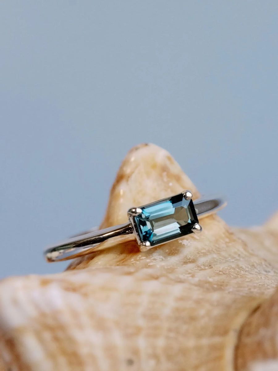East West Emerald Cut London Blue Topaz Solitaire Setting Stacking Ring