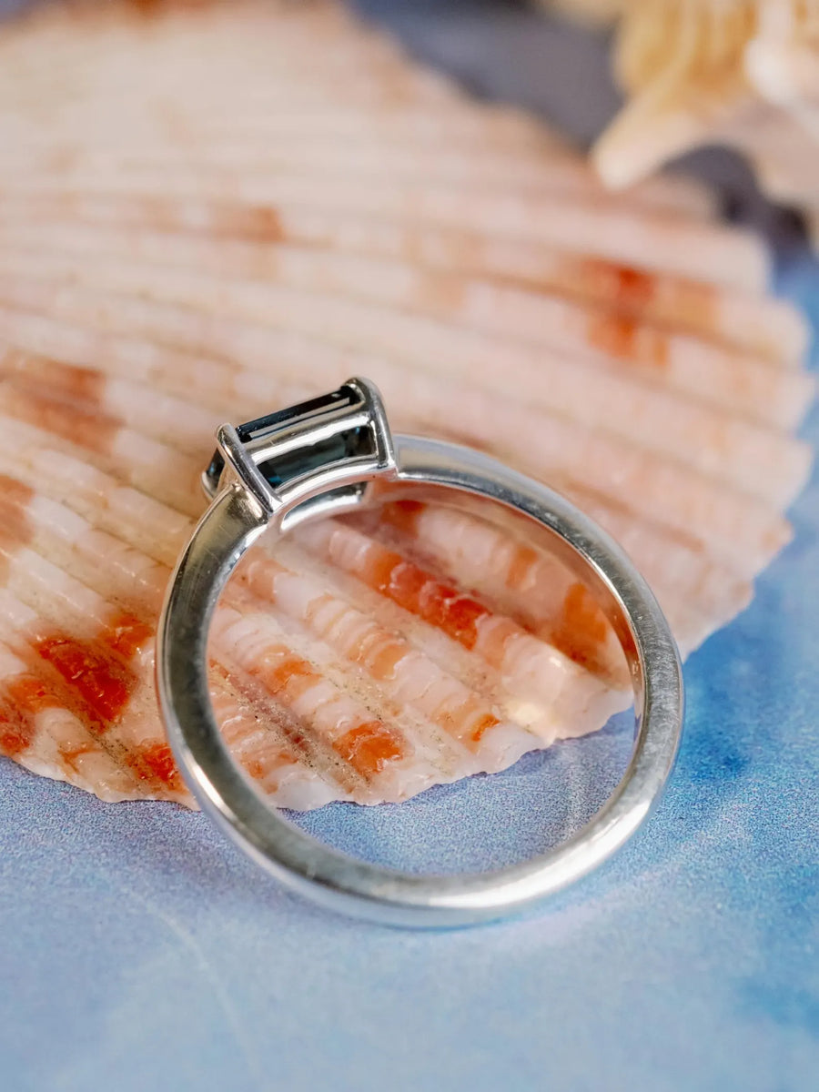 East West Emerald Cut London Blue Topaz Solitaire Setting Stacking Ring