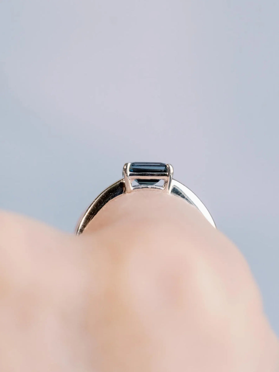 East West Emerald Cut London Blue Topaz Solitaire Setting Stacking Ring