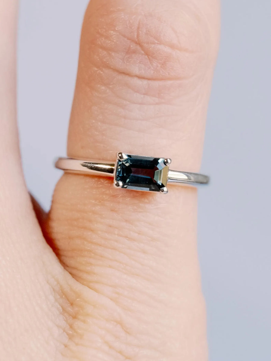 East West Emerald Cut London Blue Topaz Solitaire Setting Stacking Ring