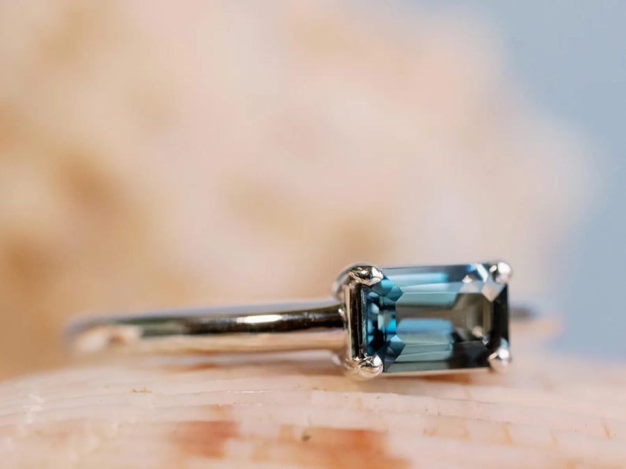 East West Emerald Cut London Blue Topaz Solitaire Setting Stacking Ring