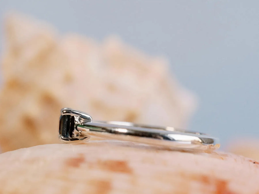 East West Emerald Cut London Blue Topaz Solitaire Setting Stacking Ring