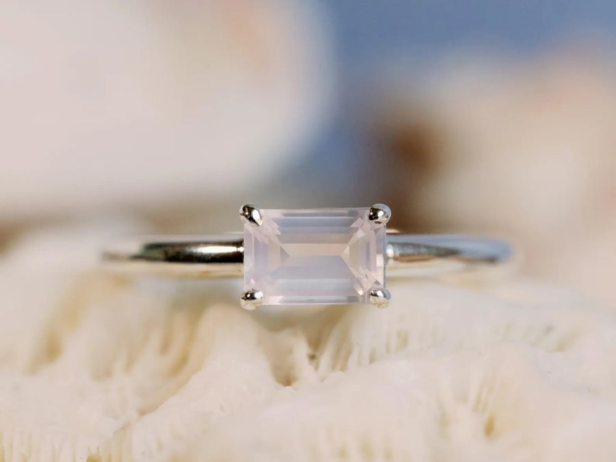 Rose Quartz East West Emerald Cut Solitaire Setting Stacking Ring