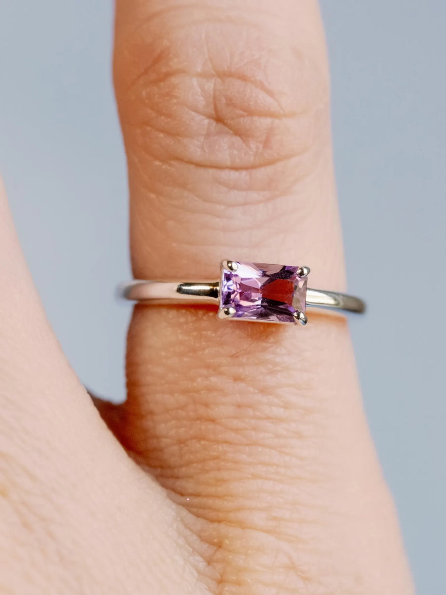 Rose De France Amethyst East West Radiant Cut Solitaire Setting Stacking Ring