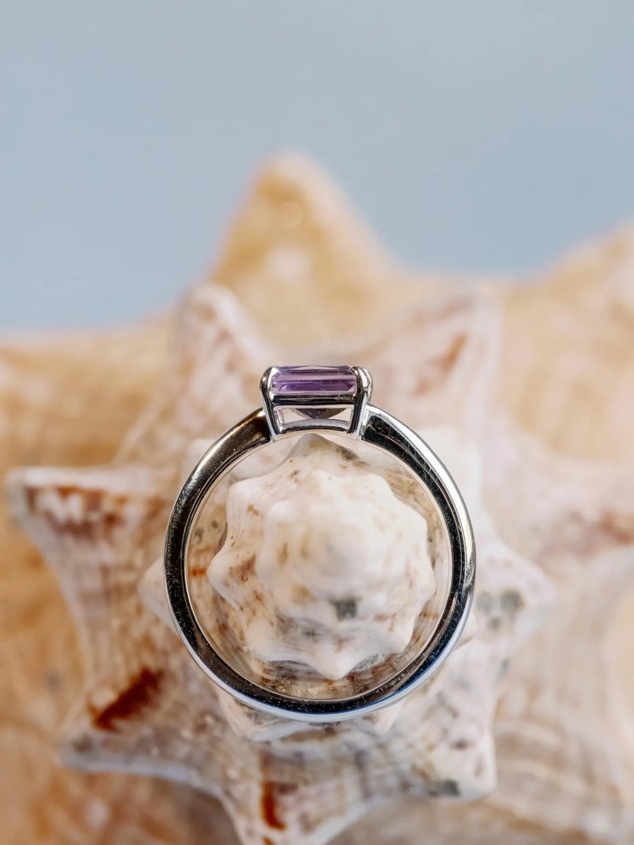 Rose De France Amethyst East West Radiant Cut Solitaire Setting Stacking Ring