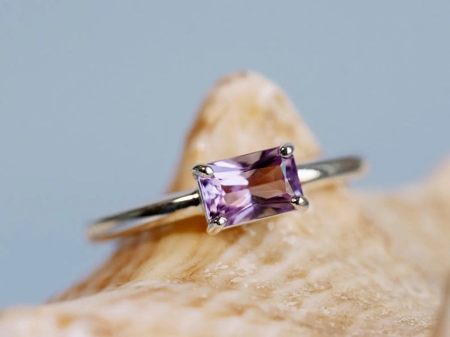 Rose De France Amethyst East West Radiant Cut Solitaire Setting Stacking Ring