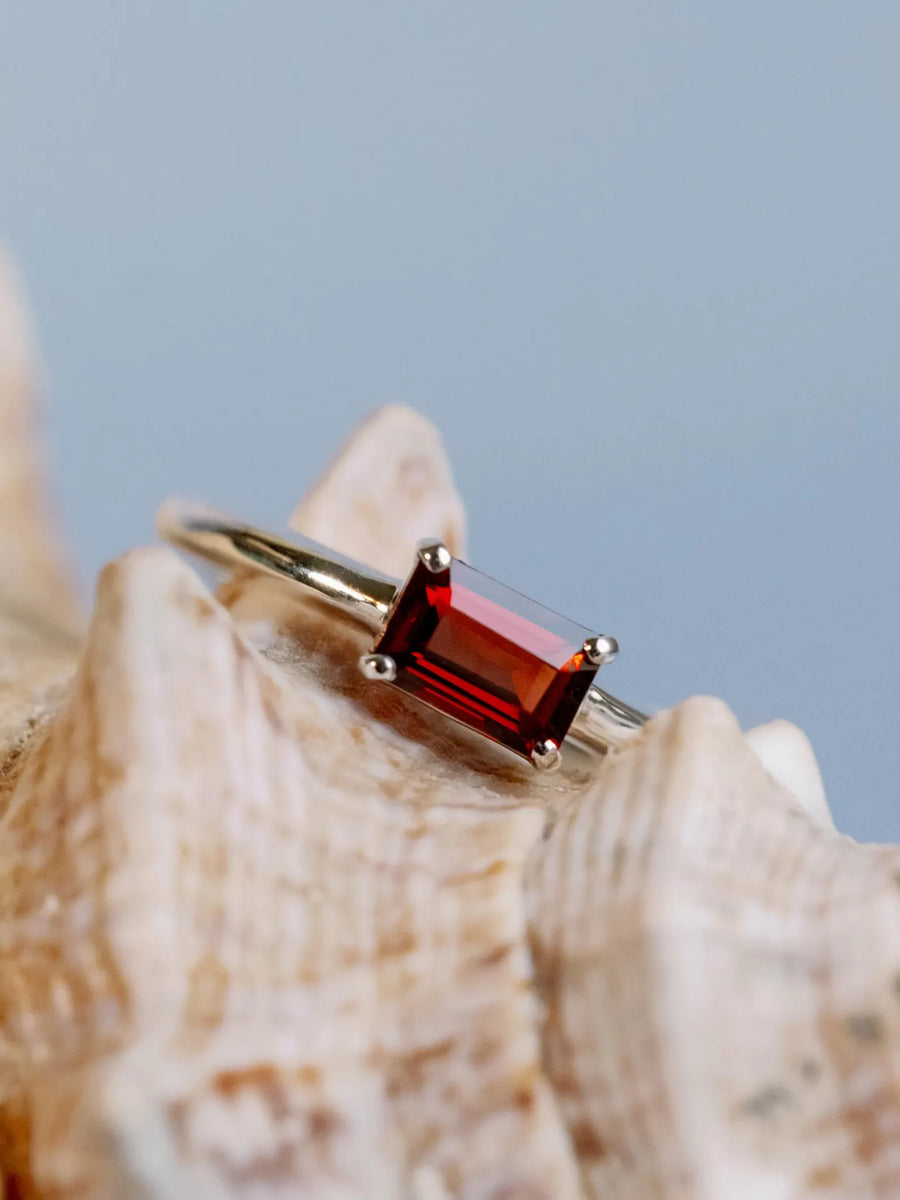 14k Natural Garnet Ring East West Emerald Cut Solitaire Setting Stacking Ring