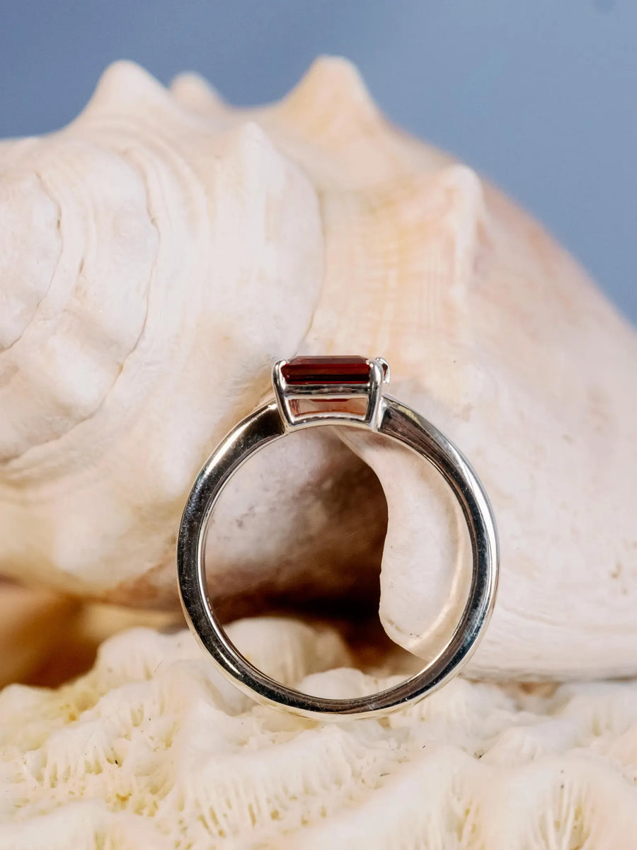 14k Natural Garnet Ring East West Emerald Cut Solitaire Setting Stacking Ring
