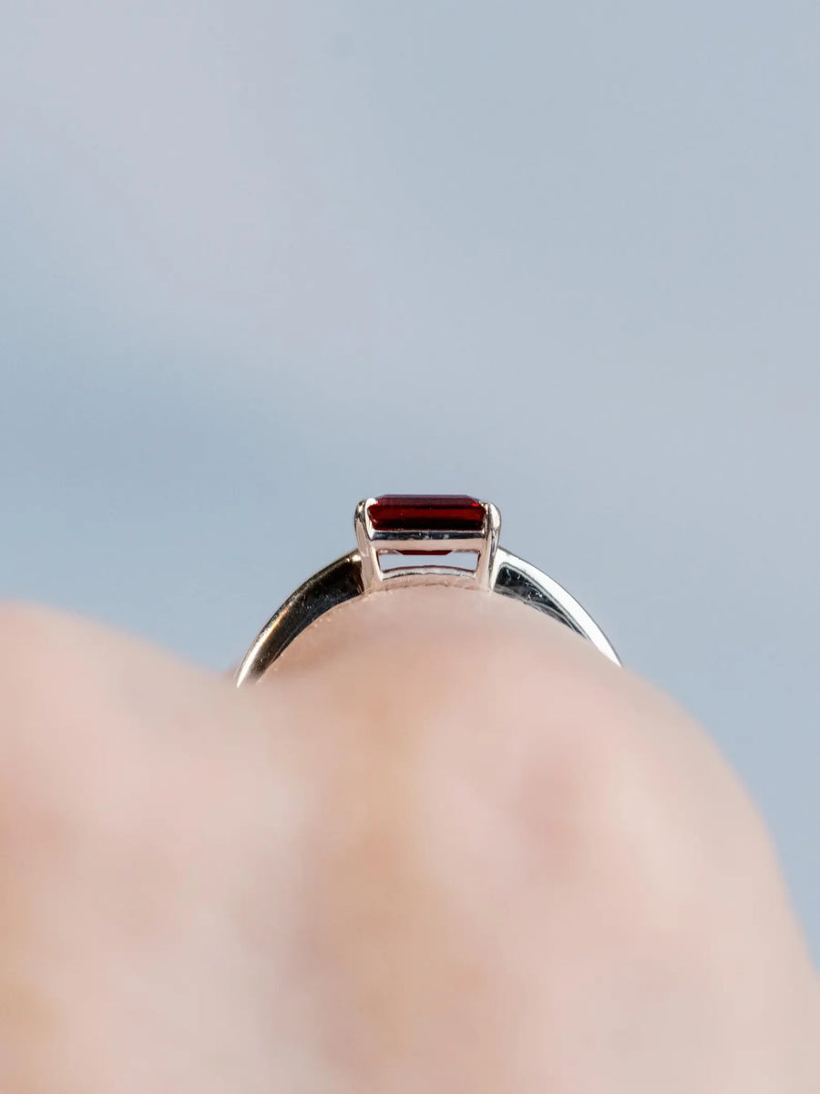 14k Natural Garnet Ring East West Emerald Cut Solitaire Setting Stacking Ring