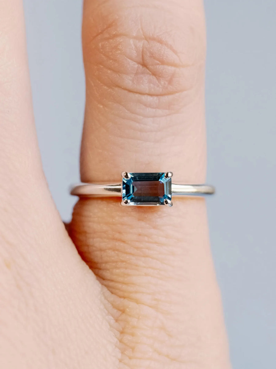 East West Emerald Cut Swiss Blue Topaz Solitaire Setting Stacking Ring
