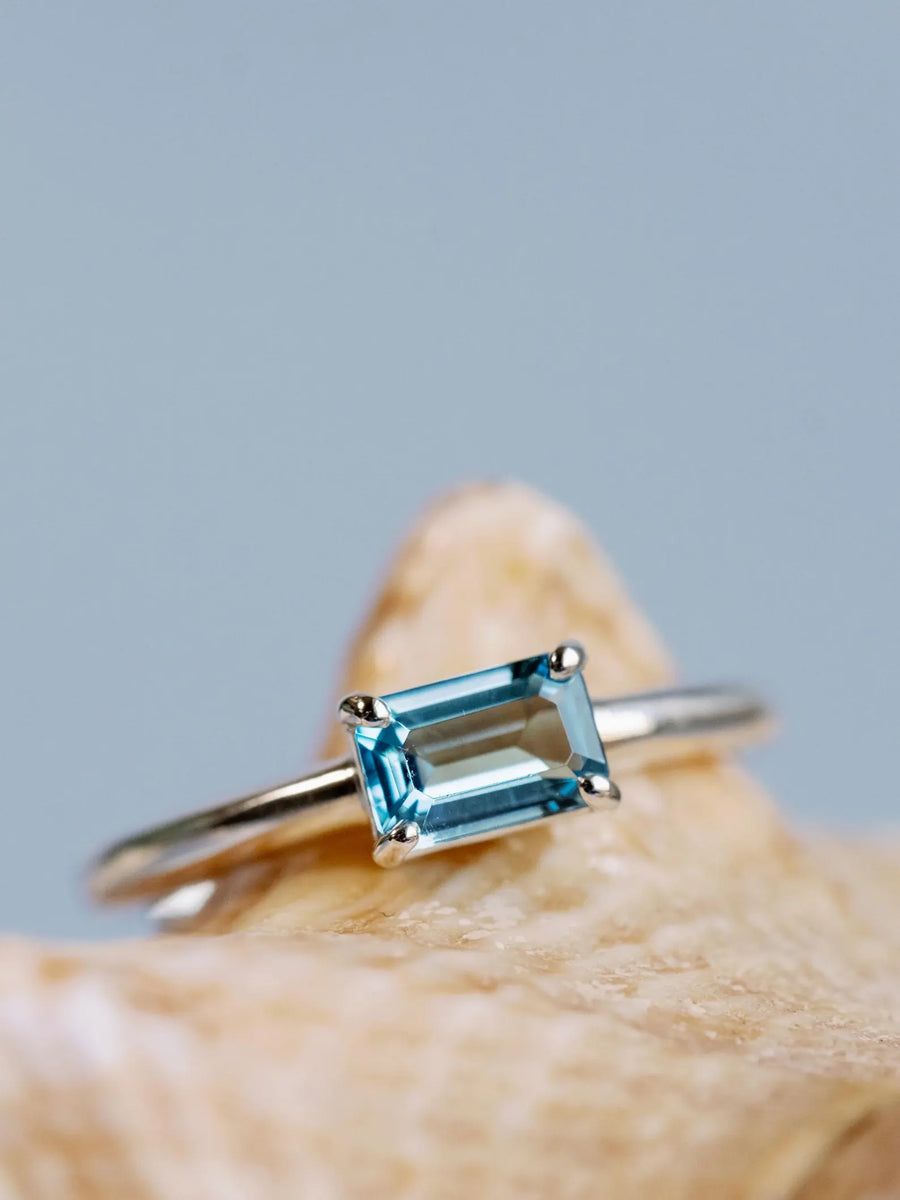 East West Emerald Cut Swiss Blue Topaz Solitaire Setting Stacking Ring